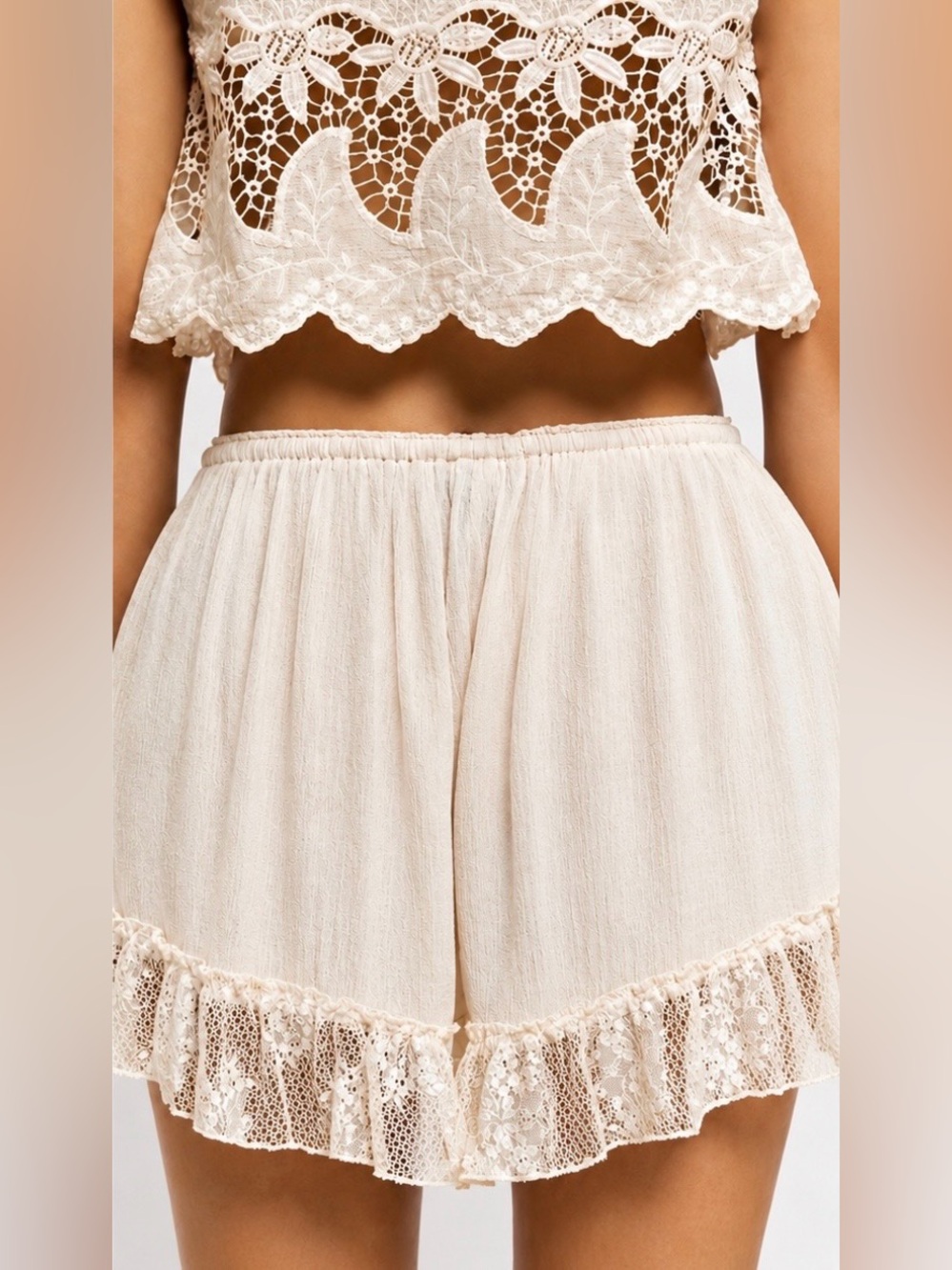 POL Boho Gauze Drawstring Lace Trim Shorts Leaf Lace Hem Lightweight Flowy Sz S - Picture 7 of 15